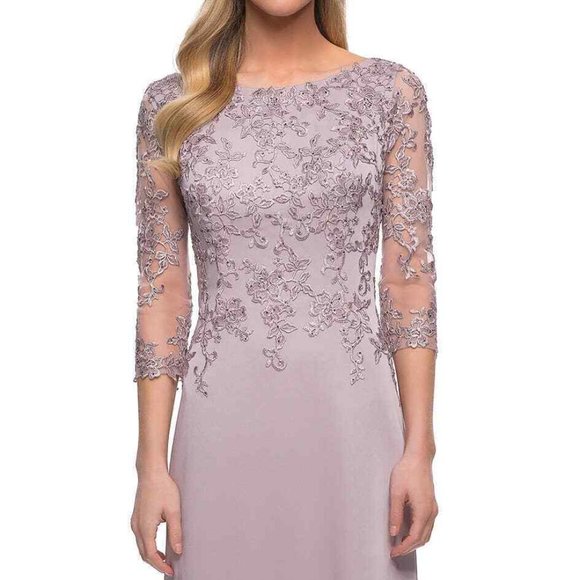 LA FEMME 29251 Floral Appliqué Jersey Column Gown Size 8 NWT Light Mauve 00001 - Picture 5 of 6